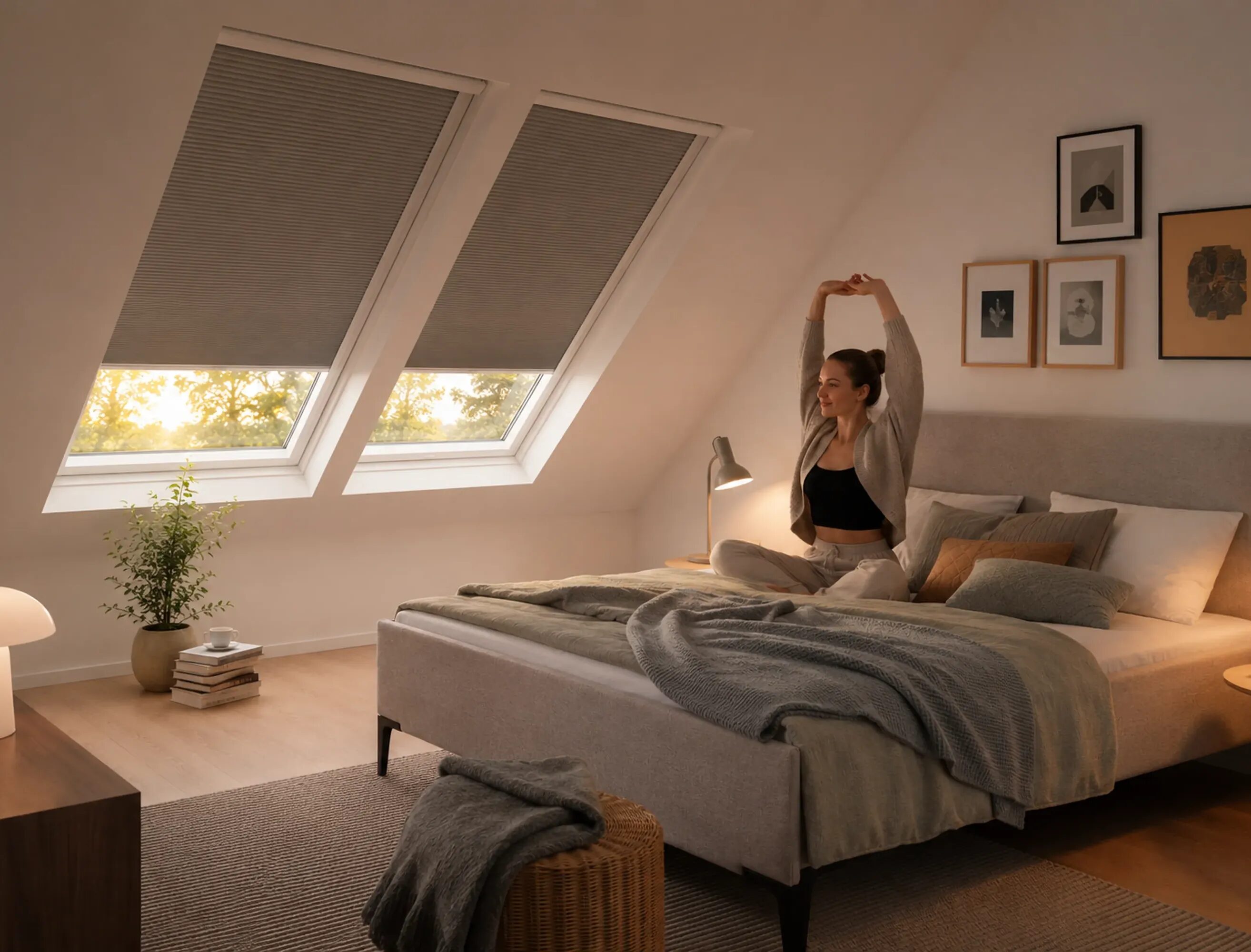 Helles Badezimmer mit Rollo, Spiegel und Handtuchleiter
