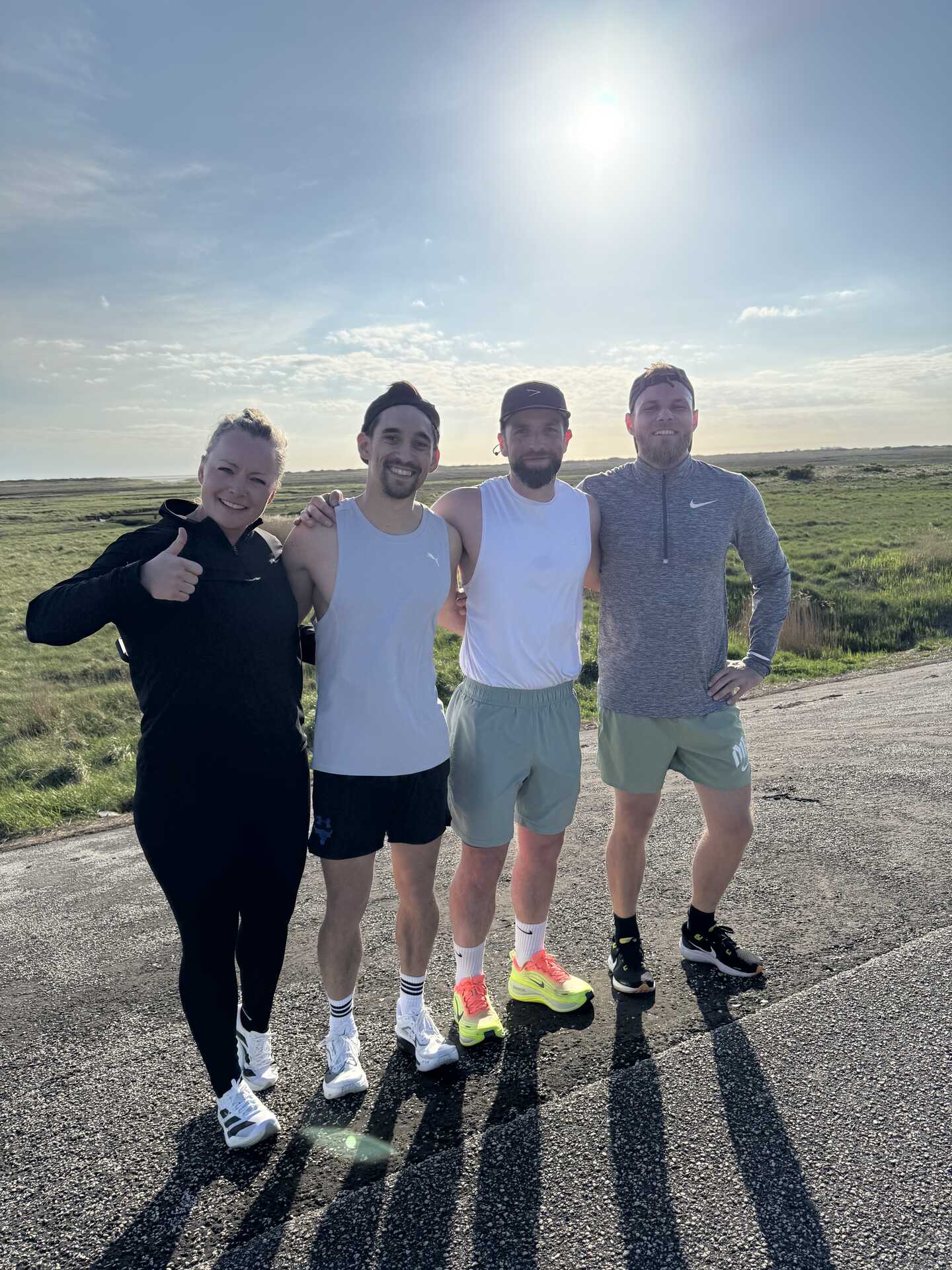 Colleagues in the low sun on the North Sea coast.